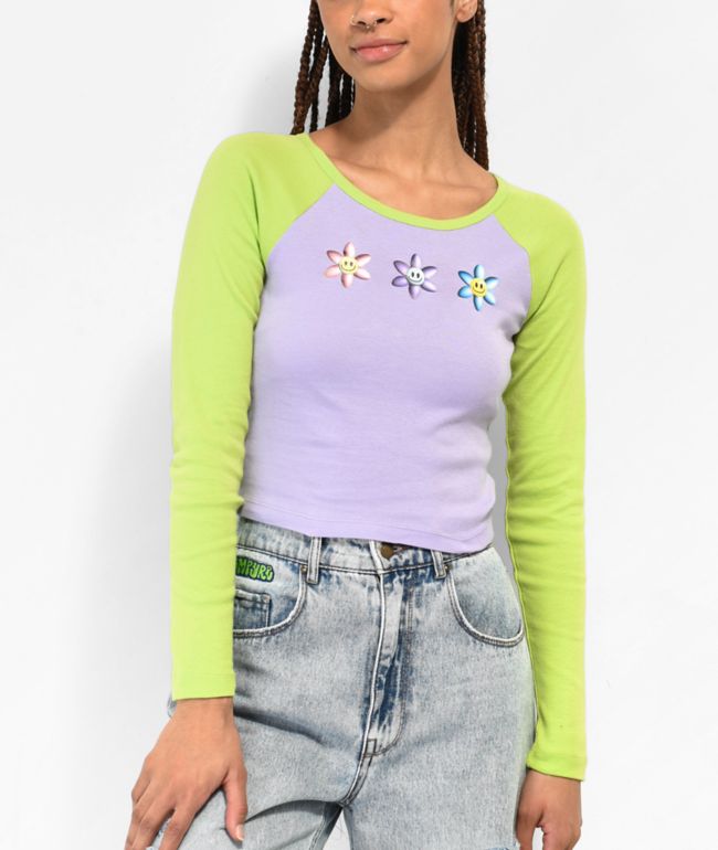 A.LAB Sammie Flower Green & Purple Long Sleeve Raglan Crop T-Shirt