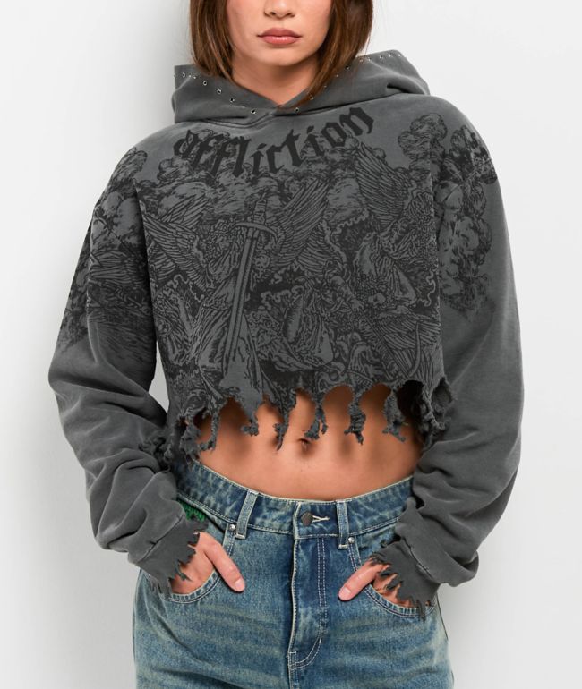 Affliction Angels Distressed Grey Wash Boxy Crop Hoodie