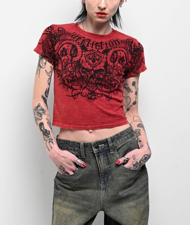 Affliction Bone Collector Dirty Red Lava Wash Crop T-Shirt
