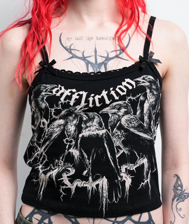 Affliction Crows Black Lace Crop Tank Top - thumbnail 3