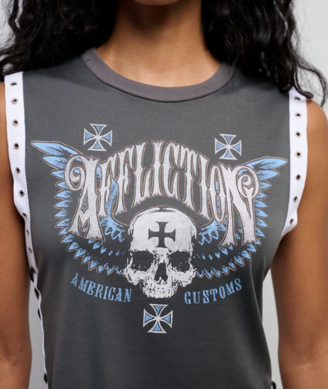 Affliction Flag Grey Lace Up Muscle Tank Top - thumbnail 3