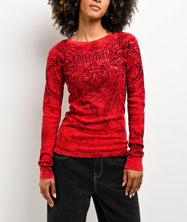 Affliction Fleuresque Red Wash Thermal Long Sleeve T-Shirt