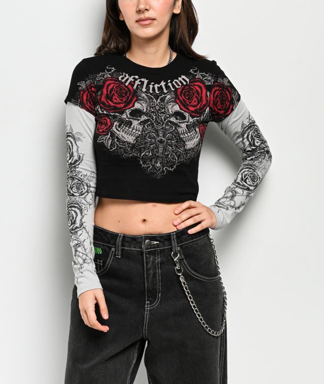 Affliction Forgotten Black & Grey 2fer Long Sleeve Crop T-Shirt