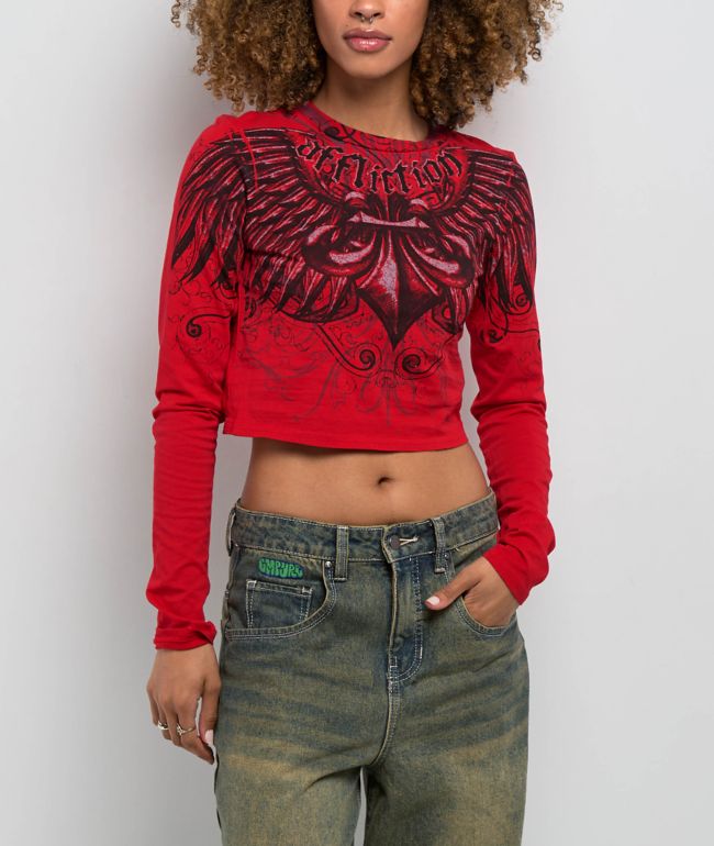 Affliction Ice Blade Red Long Sleeve Crop T-Shirt