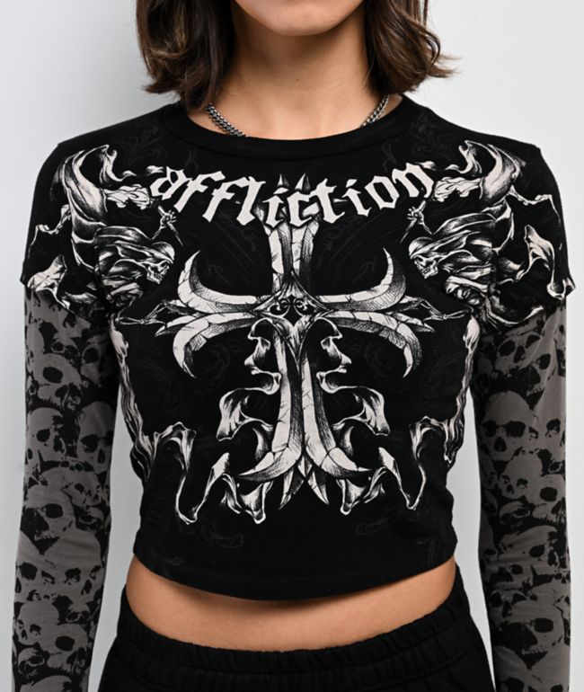 Affliction Jump Black 2Fer Long Sleeve Crop T-Shirt - thumbnail 3