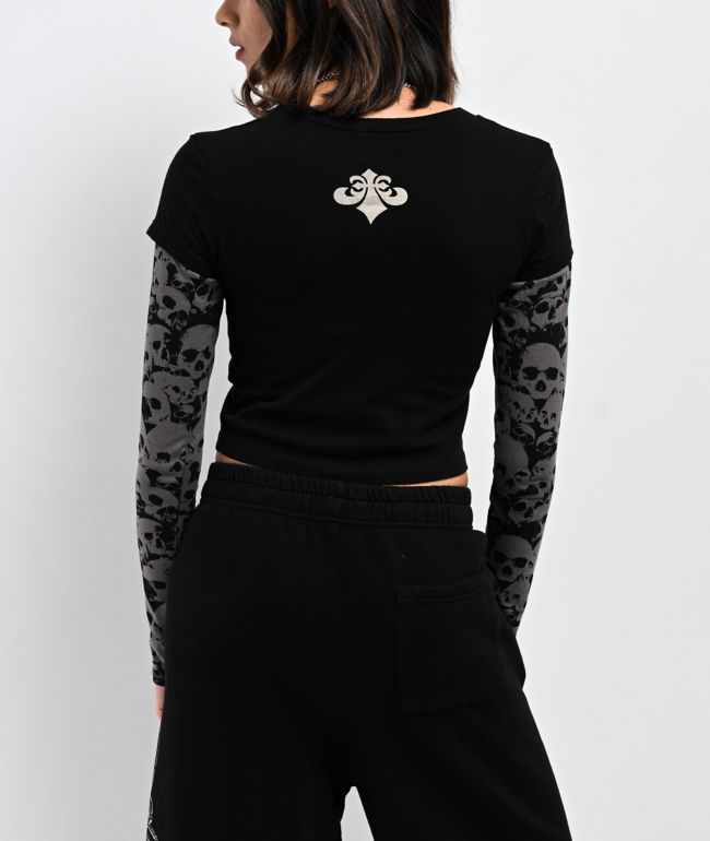 Affliction Jump Black 2Fer Long Sleeve Crop T-Shirt - thumbnail 2