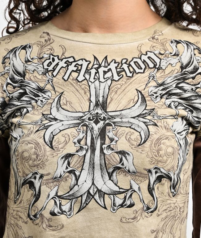 Affliction Jump Brown 2fer Long Sleeve Crop T-Shirt - thumbnail 3