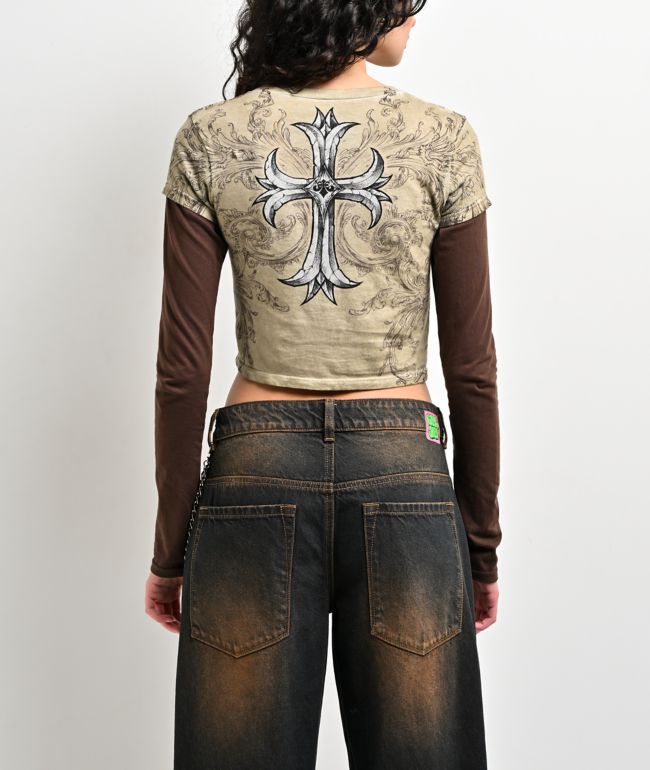 Affliction Jump Brown 2fer Long Sleeve Crop T-Shirt - thumbnail 2