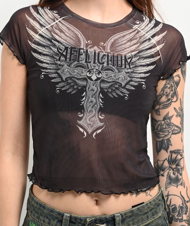 Affliction Loki Mesh Black Crop T-Shirt - thumbnail 2