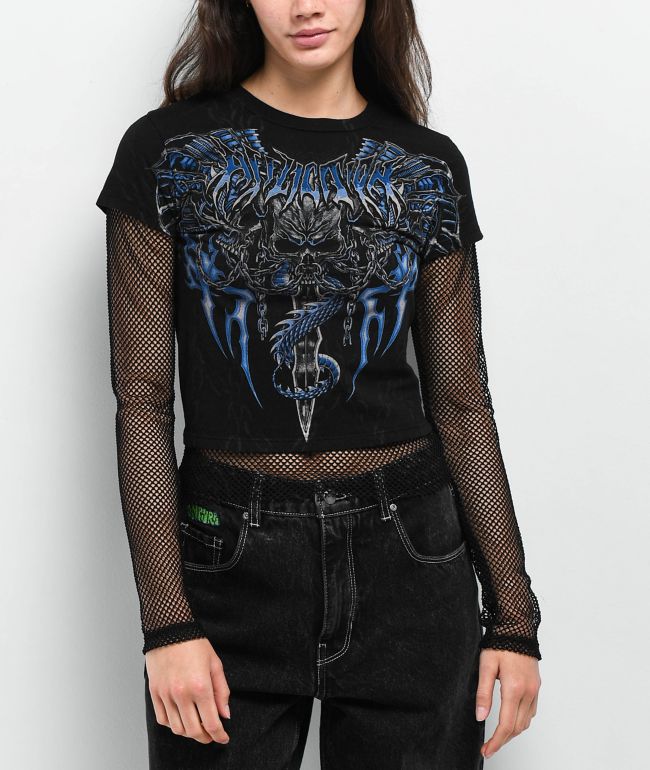 Affliction Primal Black 2Fer Crop Long Sleeve T-Shirt