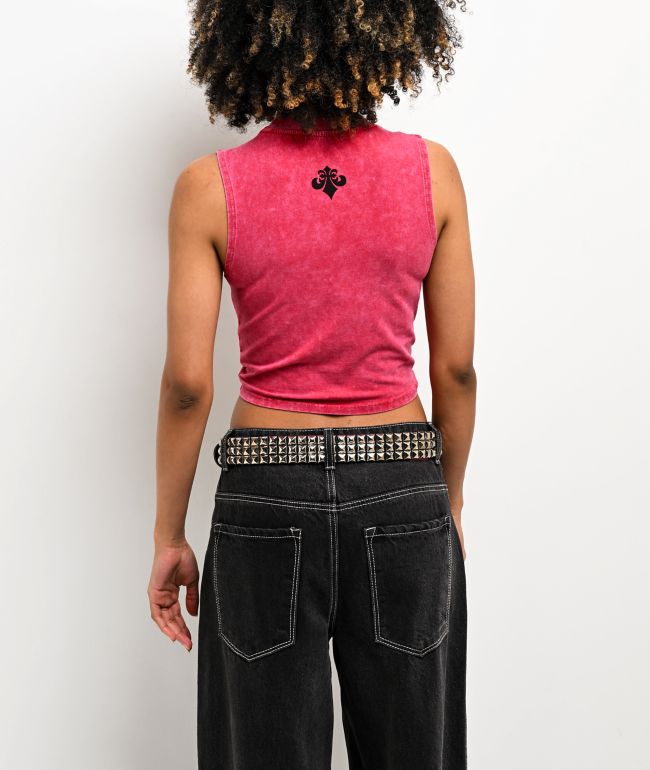 Affliction Rival Chaos Tie Front Red Wash Crop Tank Top - thumbnail 2