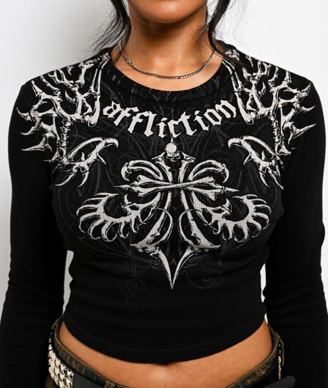 Affliction Skeleton Black Long Sleeve Thermal Crop T-Shirt - thumbnail 3