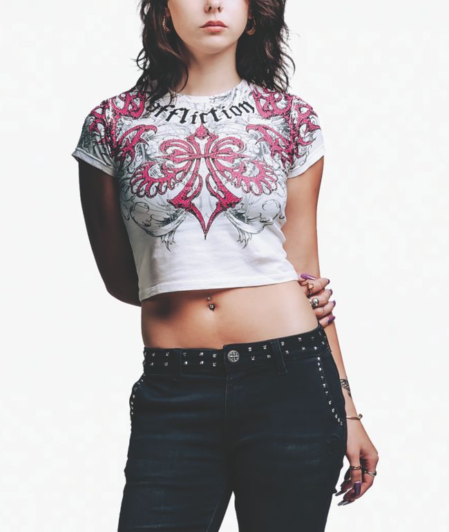 Affliction Skeleton Pink & White Crop T-Shirt