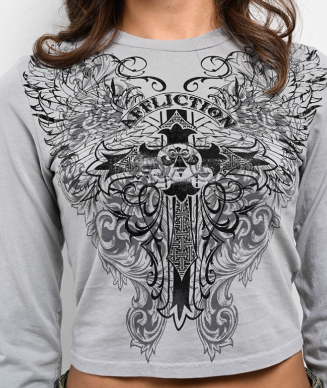 Affliction Syndic Grey Long Sleeve Crop T-Shirt - thumbnail 3