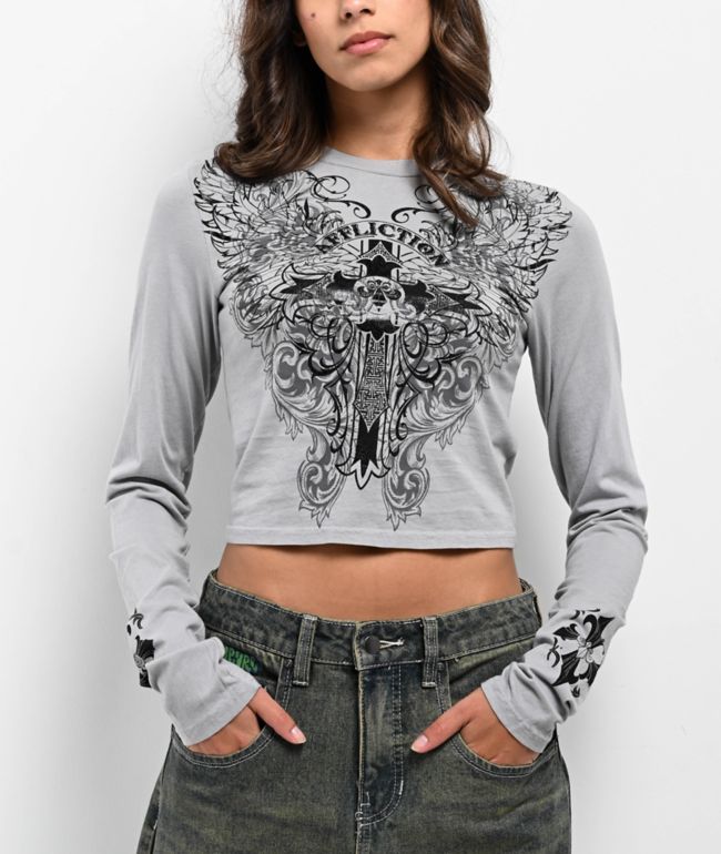 Affliction Syndic Grey Long Sleeve Crop T-Shirt