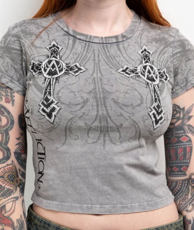 Affliction Winged Dagger Grey Crop T-Shirt - thumbnail 3