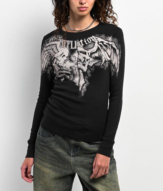 Affliction Winged Up Black Thermal Long Sleeve T-Shirt