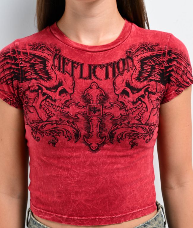 Affliction Winged Up Red Wash Crop T-Shirt - thumbnail 3