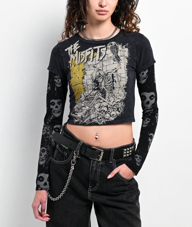 Affliction x Misfits Shackles Black Wash 2fer Long Sleeve Crop T-Shirt
