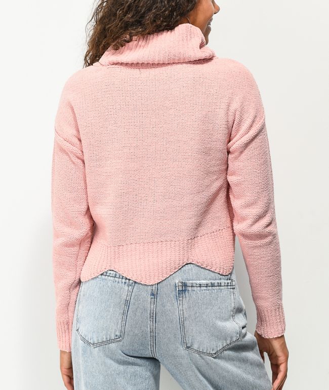 Almost Famous Chenille Cable Knit Scallop Edge Pink Sweater - thumbnail 2