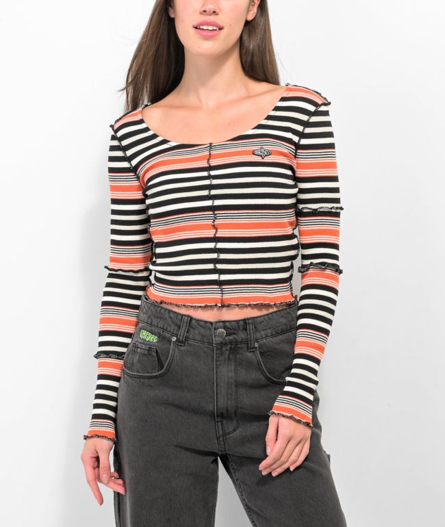 Basic Pleasure Mode Bella Black & Cream Crop Stripe Long Sleeve T-Shirt