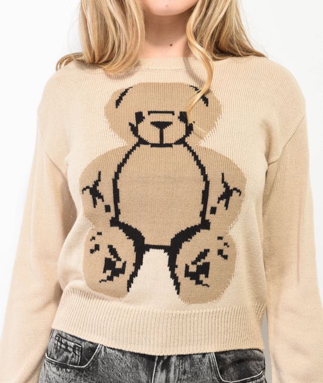 Basic Pleasure Mode Big Ted Fluffy Trim Brown Sweater - thumbnail 3