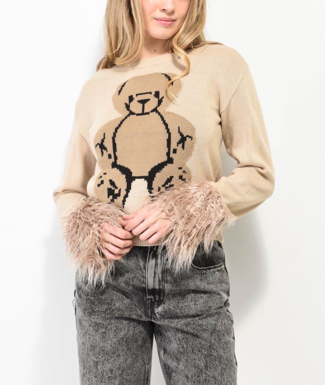 Basic Pleasure Mode Big Ted Fluffy Trim Brown Sweater