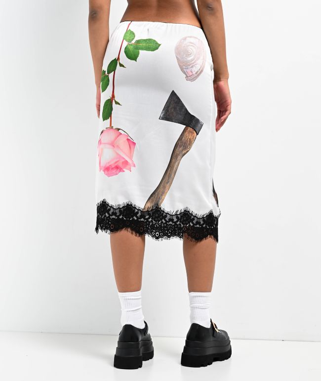Basic Pleasure Mode Lace Print Satin White Midi Skirt - thumbnail 2