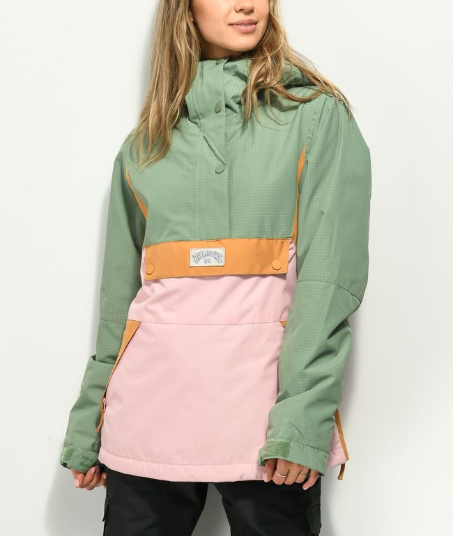Billabong Day Break Green, Gold, & Pink 10K Anorak Snowboard Jacket
