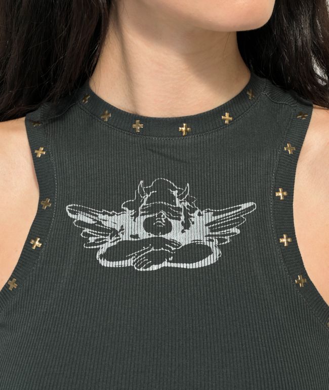 Boys Lie Stud Black Wash Crop Tank Top - thumbnail 3