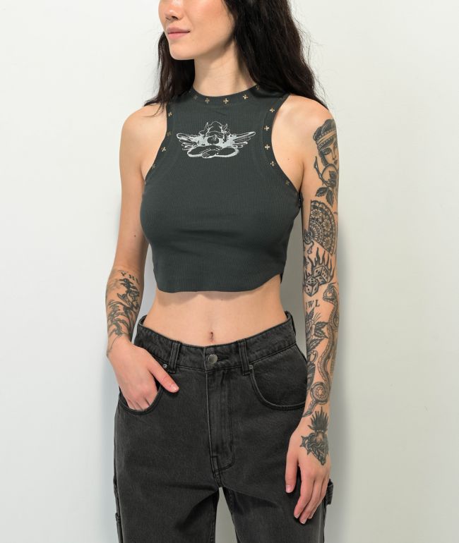 Boys Lie Stud Black Wash Crop Tank Top