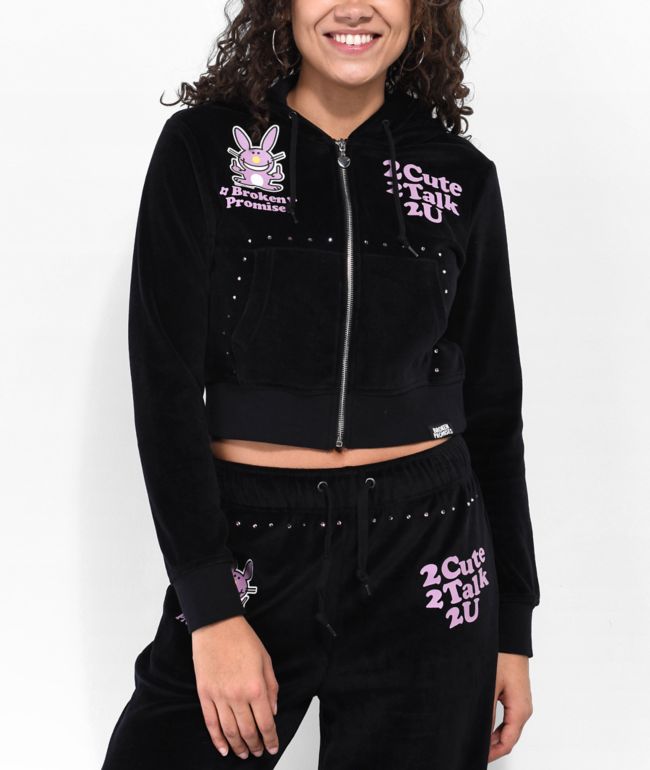 Broken Promises 2Cute Black Velour Crop Zip Hoodie