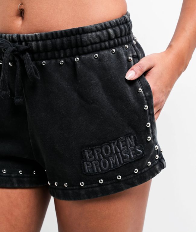 Broken Promises Adorned Black Wash Sweat Shorts - thumbnail 3