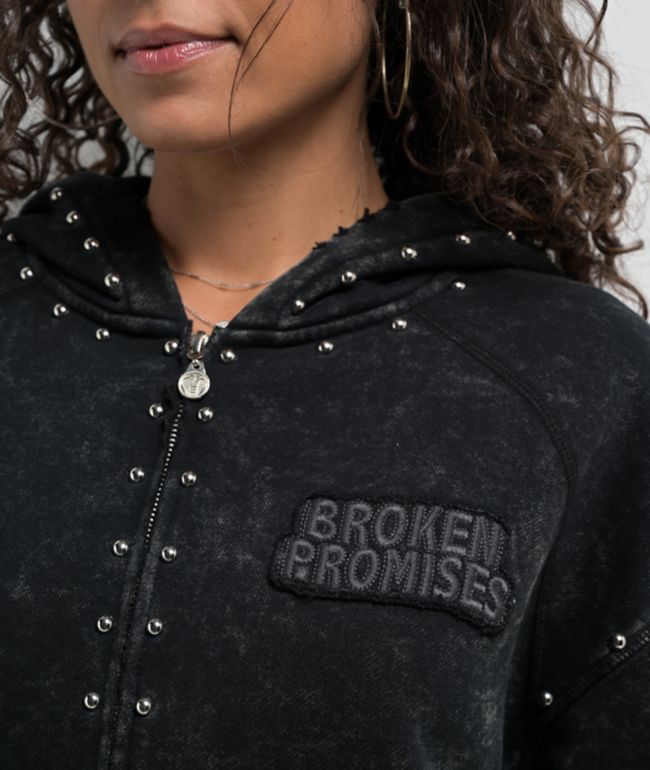 Broken Promises Adorned Black Wash Zip Hoodie - thumbnail 3