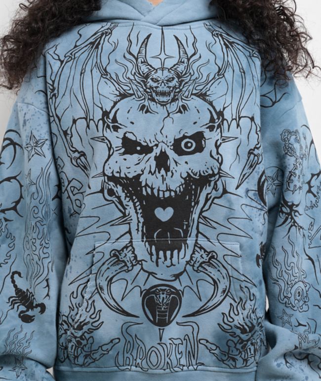 Broken Promises Agitator Destroyed Blue Dyed Hoodie - thumbnail 3