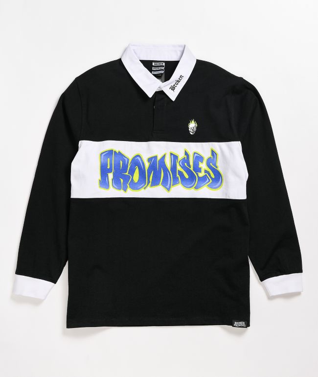 Broken Promises Airbrush Oversized Black Long Sleeve Polo Shirt