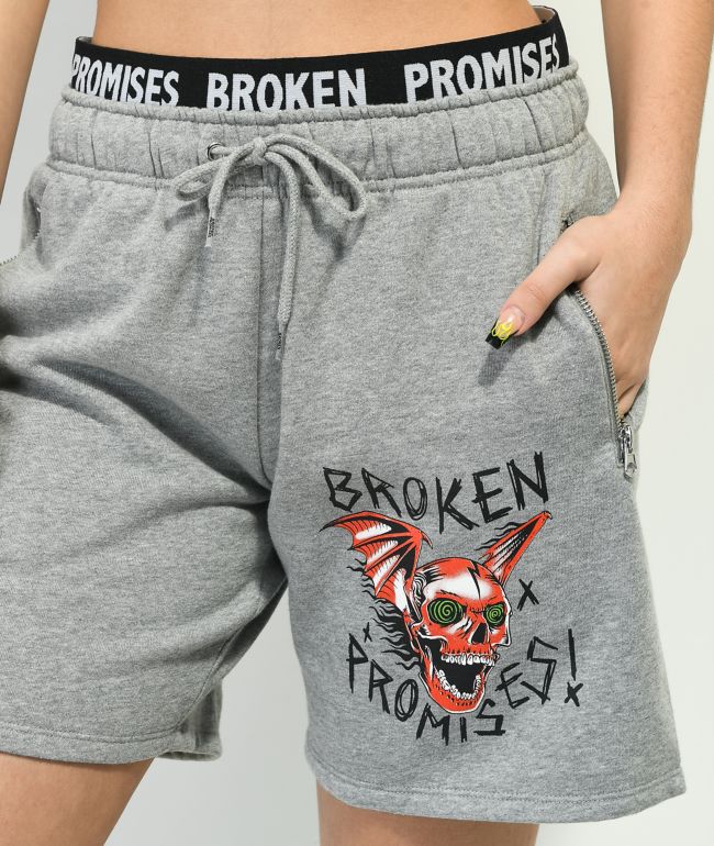 Broken Promises Batwing Grey Banded Sweat Shorts - thumbnail 3