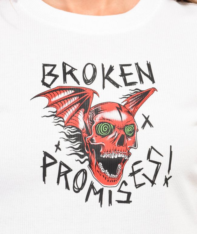 Broken Promises Batwing White Ribbed Crop T-Shirt - thumbnail 2