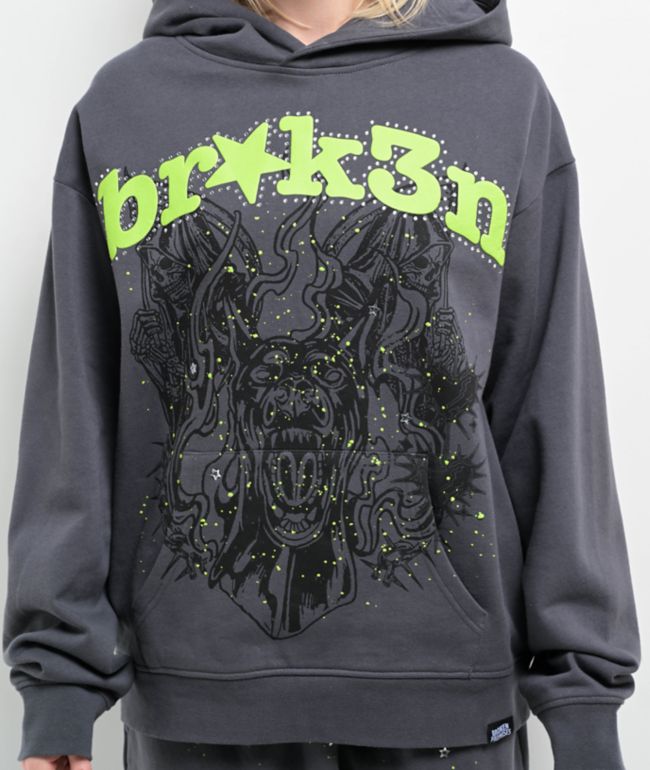 Broken Promises Beware Grey Rhinestone Hoodie - thumbnail 3