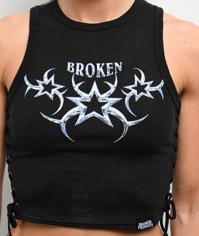Broken Promises Chromium Black Lace Up Crop Tank Top - thumbnail 3