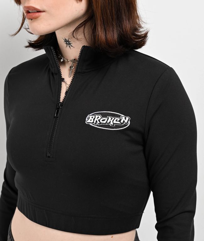 Broken Promises Chuck Black Half Zip Crop Top - thumbnail 3