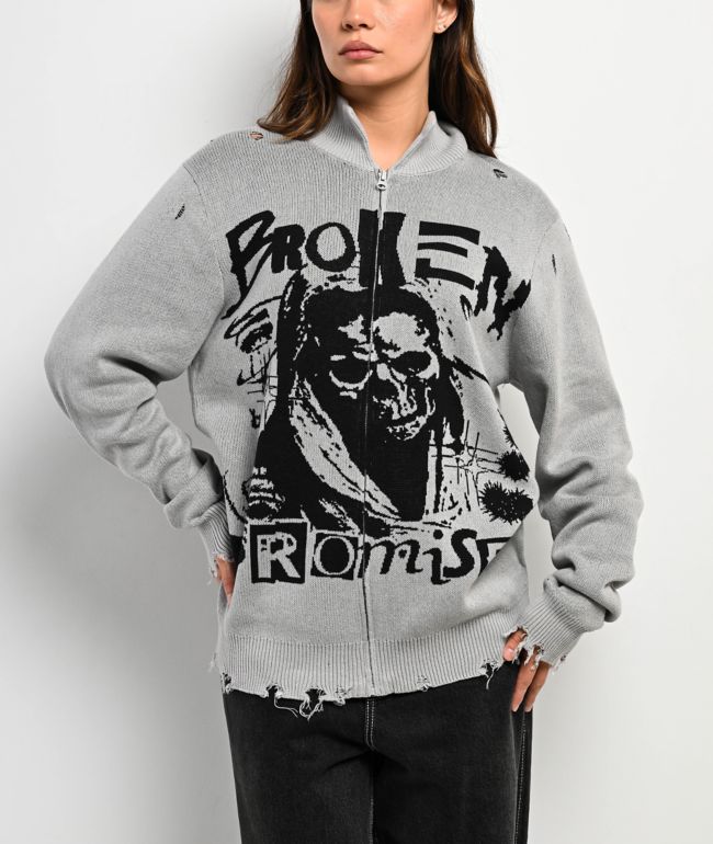 Broken Promises Creeper Grey Zip Sweater