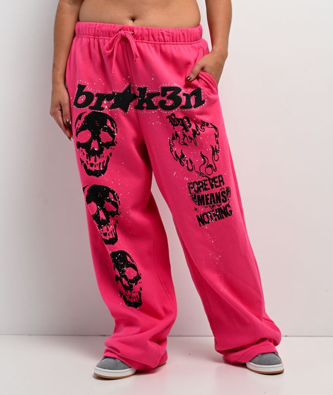 Broken Promises Faceless Rhinestone Pink Wide Leg Sweatpants - thumbnail 3