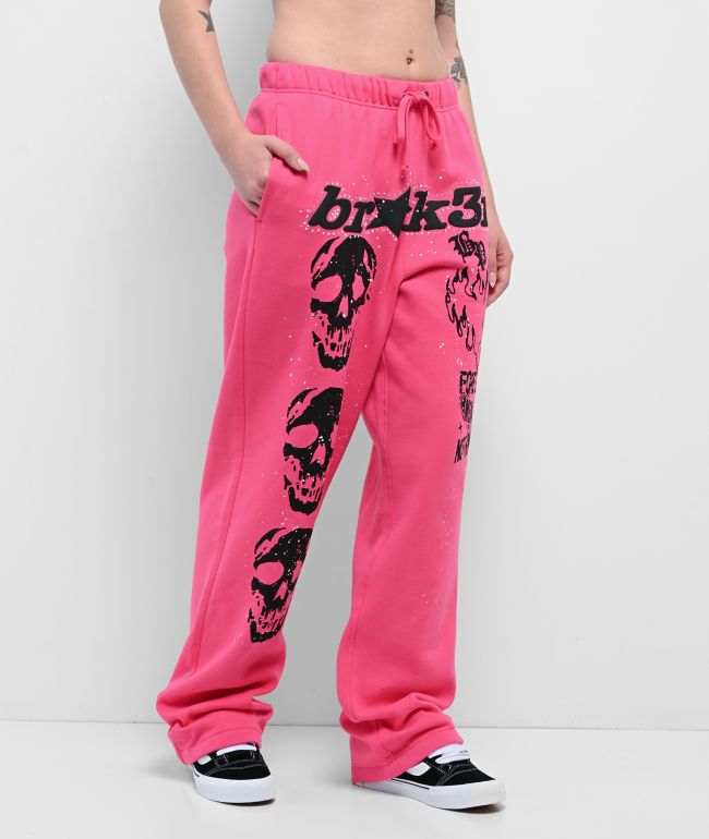 Broken Promises Faceless Rhinestone Pink Wide Leg Sweatpants