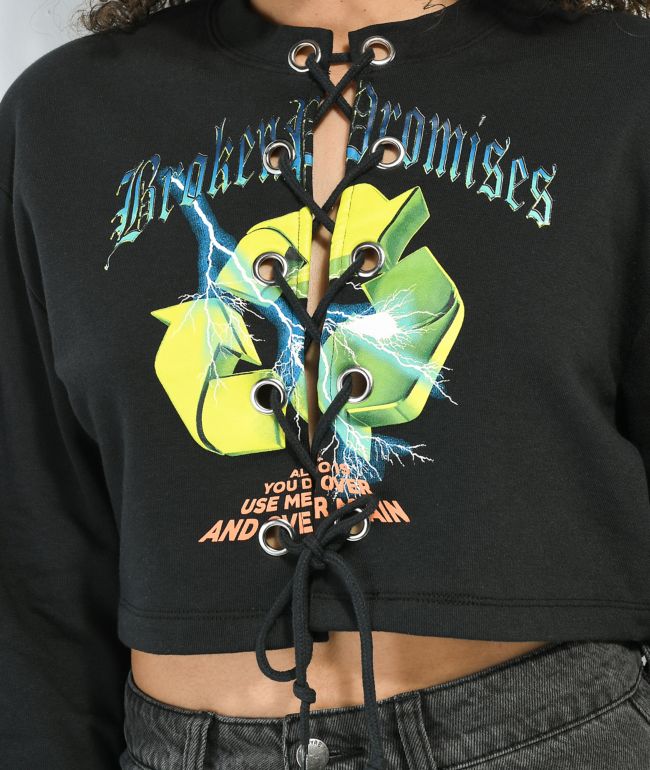 Broken Promises Garbage Black Lace Front Crop Crewneck Sweatshirt - thumbnail 3