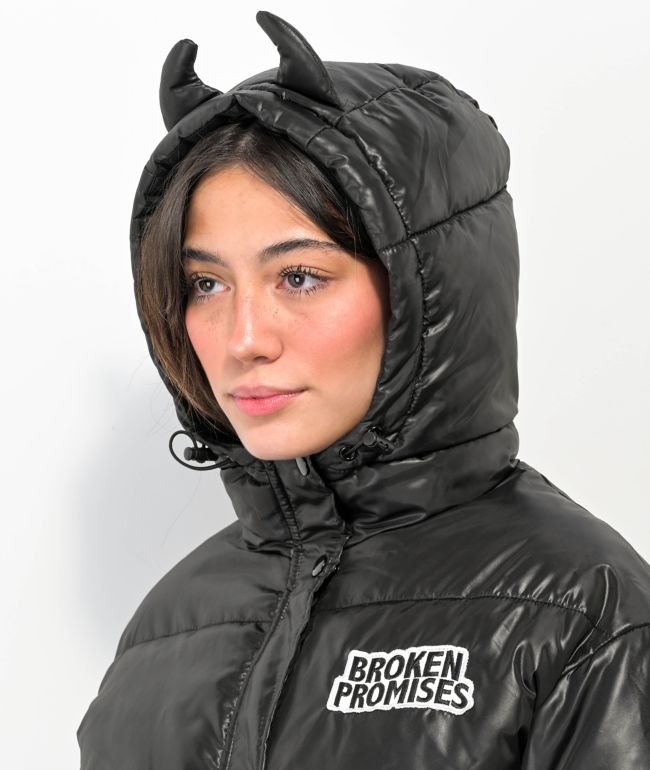 Broken Promises Graveyard Horned Black Hooded Puffer Jacket - thumbnail 2