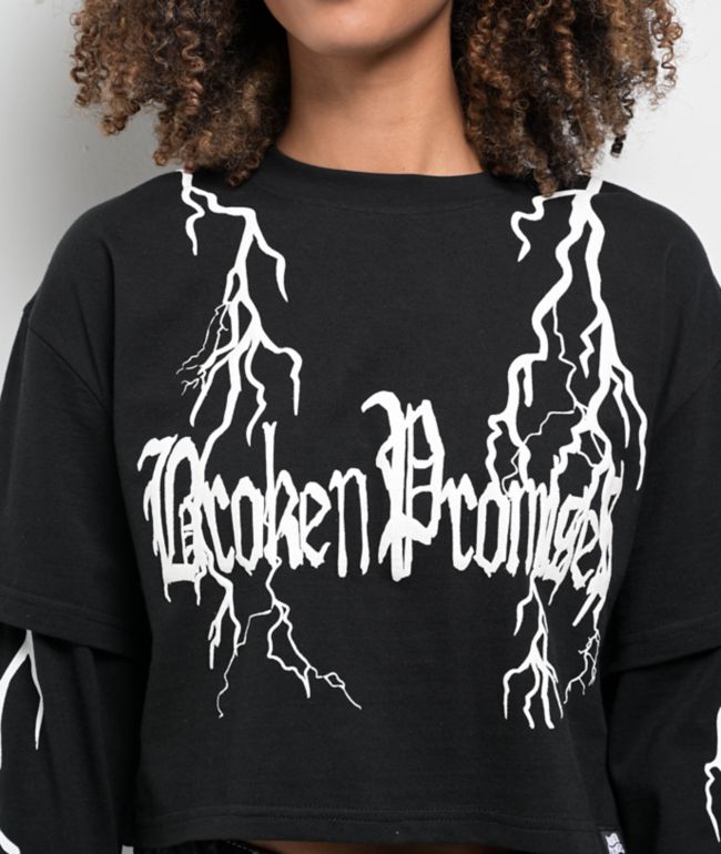 Broken Promises Lightning Black 2fer Long Sleeve Crop T-Shirt - thumbnail 3