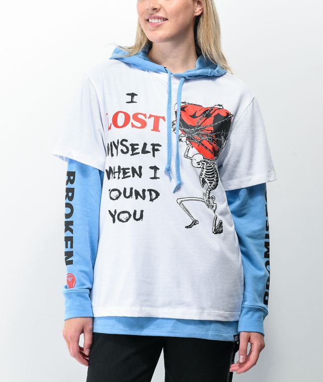 Broken Promises Lost Myself Stacked White & Blue Hoodie