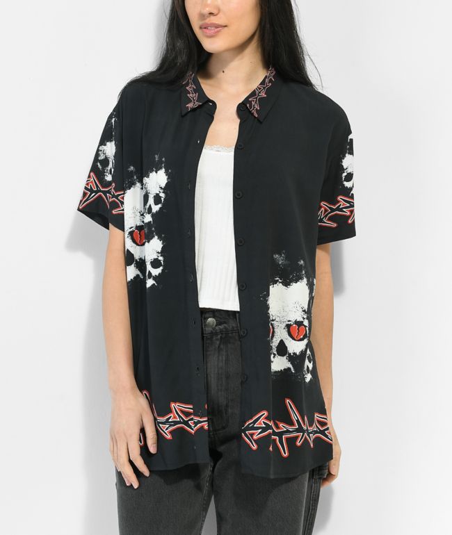 Broken Promises Mania Black Short Sleeve Button Up Shirt