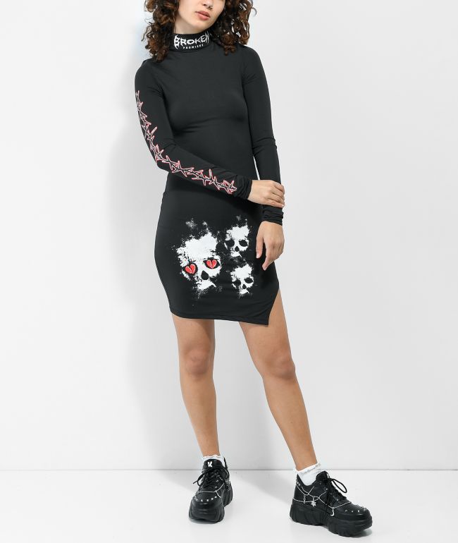 Broken Promises Mania Slit Black Long Sleeve Dress